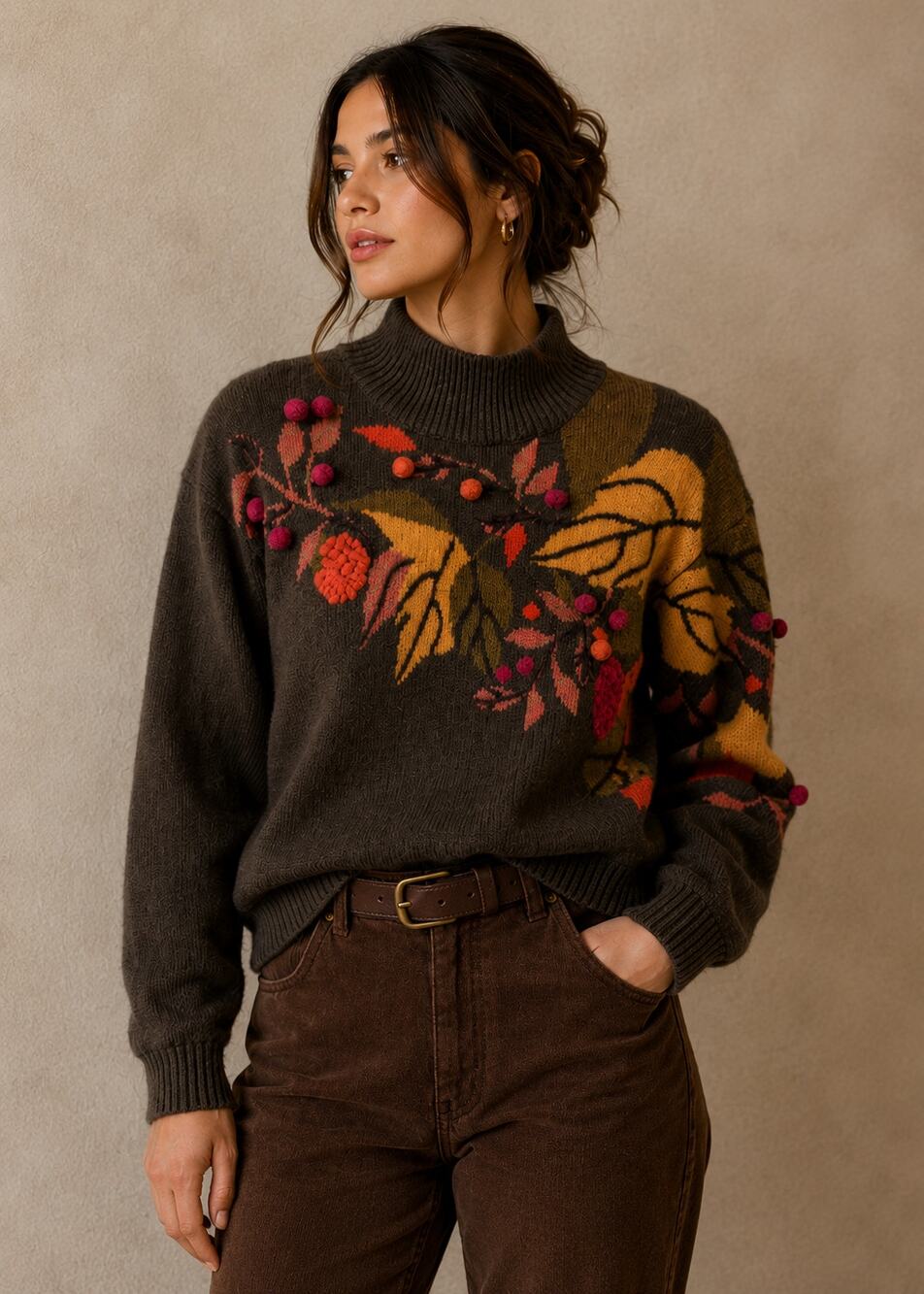 Vintage J.G. Hook 100% Wool Floral Pom Pom Sweater Brown M